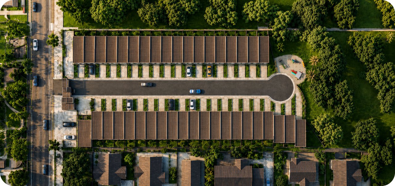 Vista aérea da implantação do condomínio Greenlife com numeração dos pontos de interesse