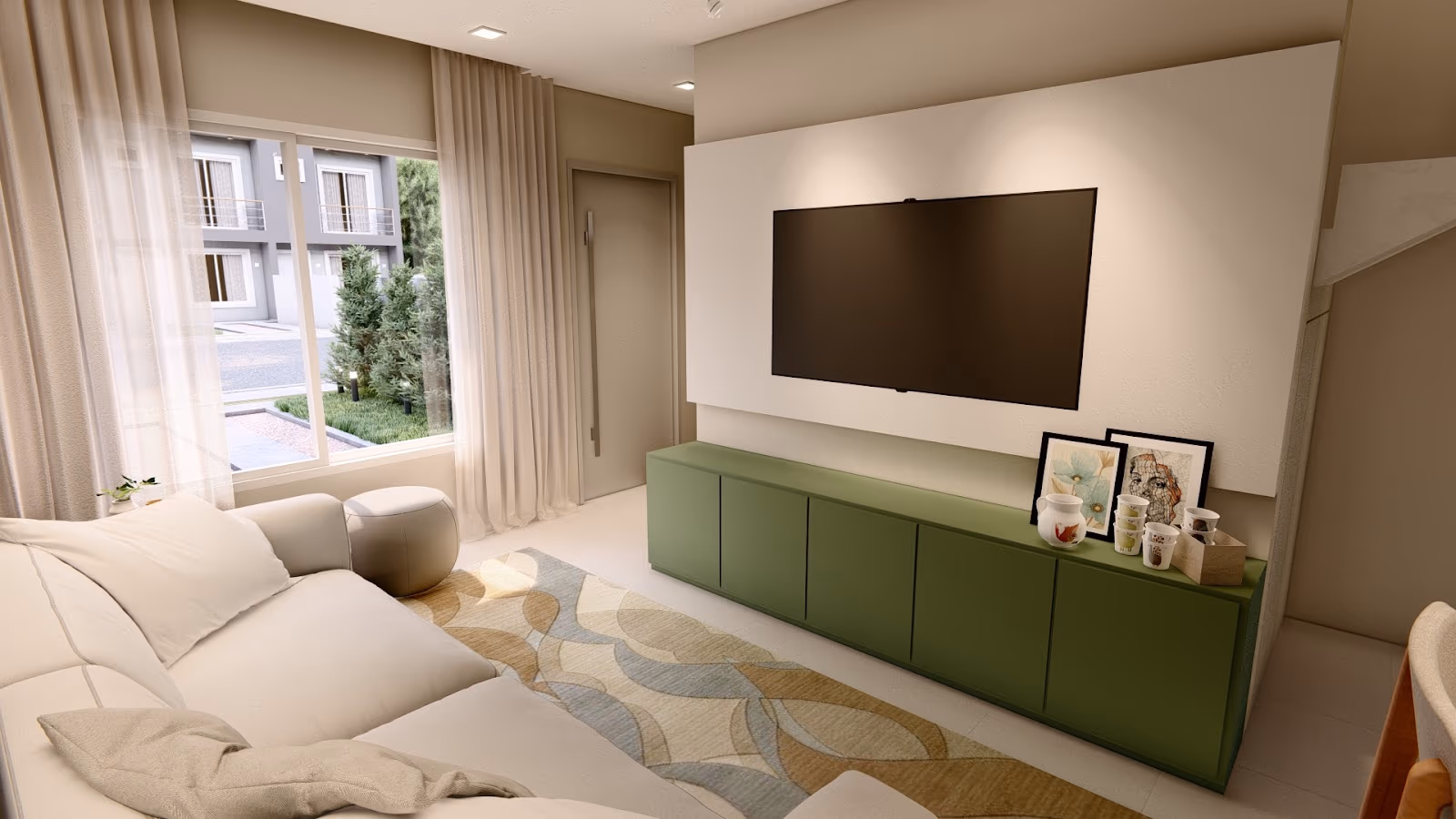Sala de estar com sofá e painel de TV