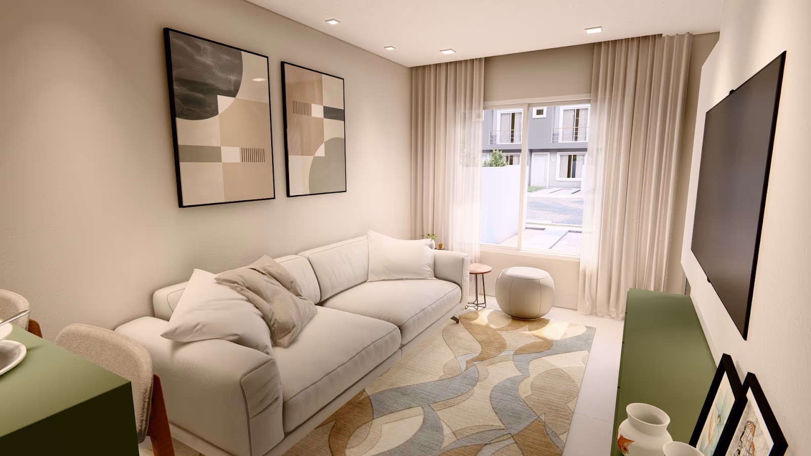 Sala de estar com tapete e quadros decorativos