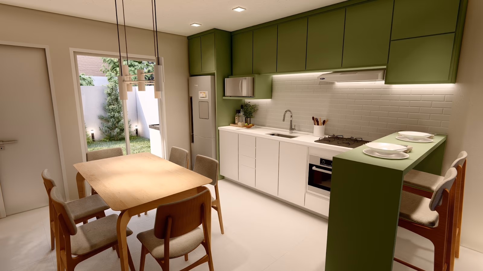 Cozinha planejada com bancada e mesa de jantar