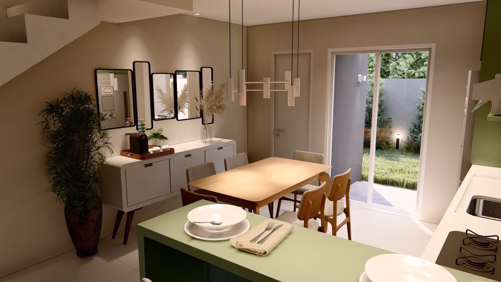 Sala de jantar com aparador e vista para o jardim