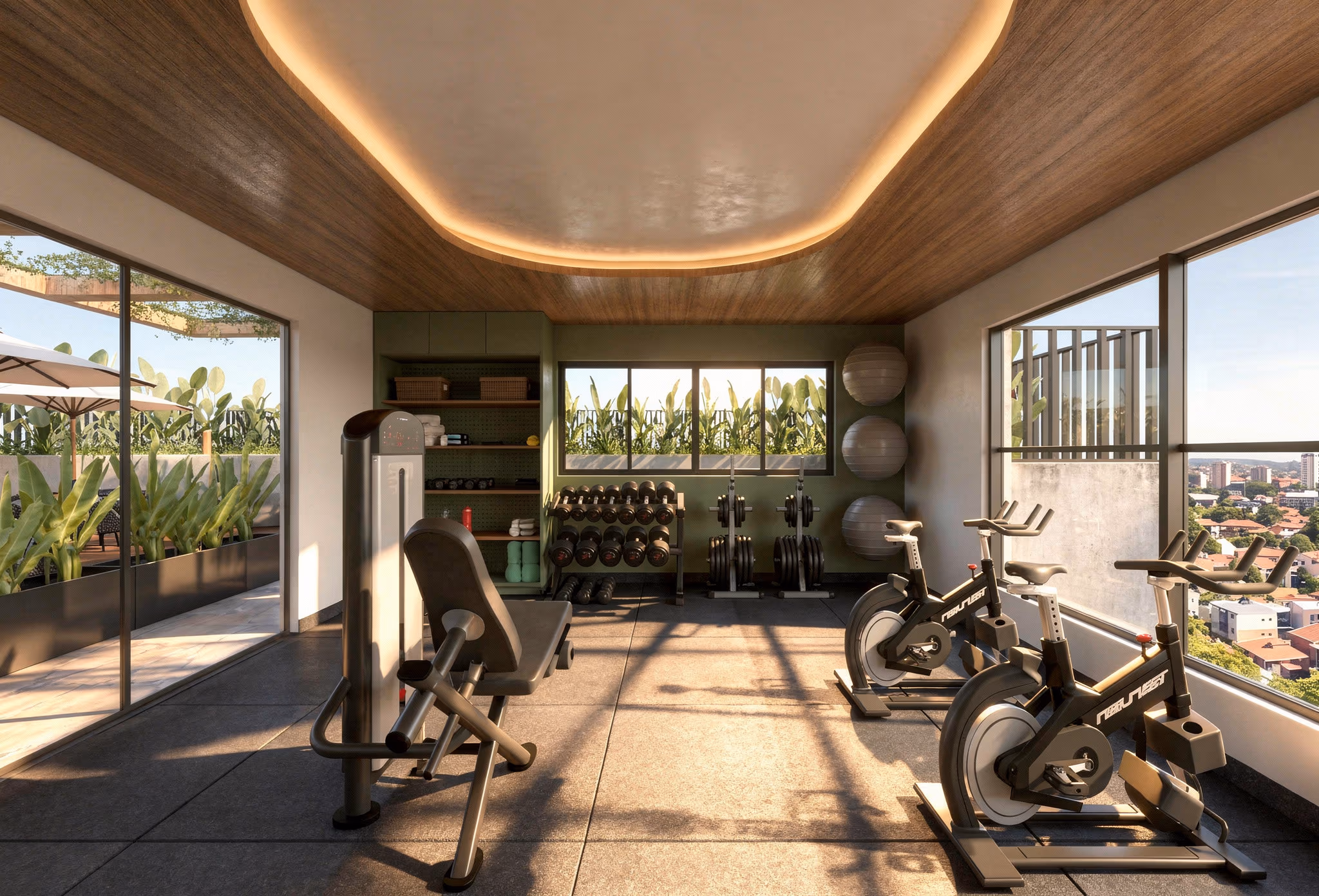 Academia com bicicletas ergométricas e esteiras
