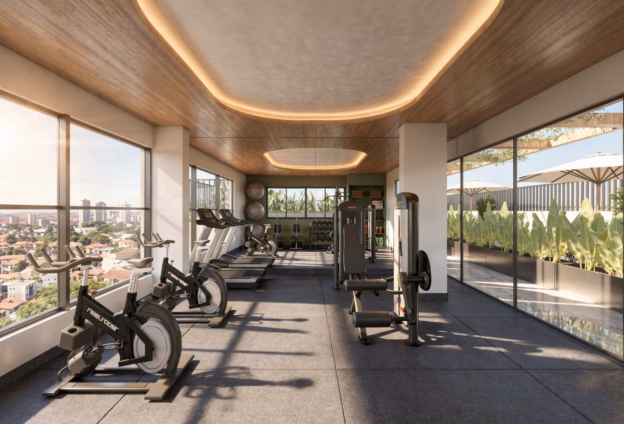 Academia completa com vista para a piscina
