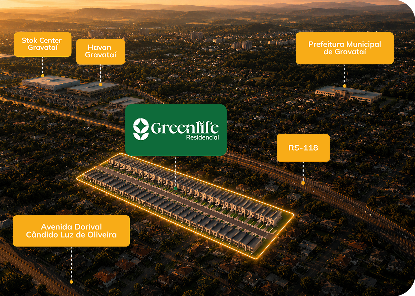 Vista aérea da região com destaque para o terreno do Greenlife Residencial, próximo a Stok Center Gravataí, Havan Gravataí, Prefeitura Municipal, RS-118 e Avenida Dorival Cândido Luz de Oliveira